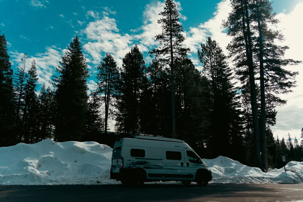 Campervan an einer verschneiten Waldstraße unter hohen Kiefern